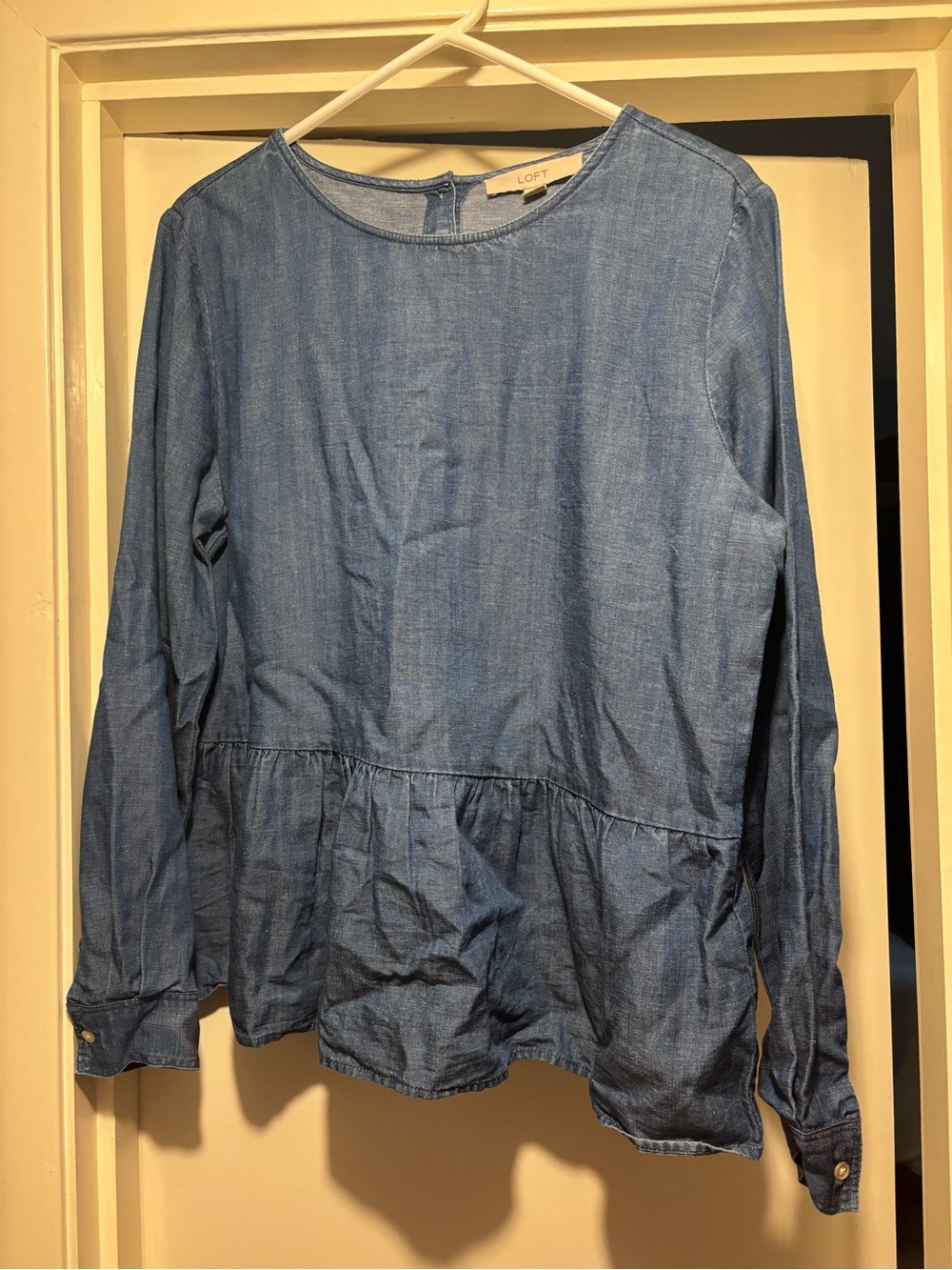 LOFT Light Blue Denim-Style Peplum Blouse with button down back. Size Medium